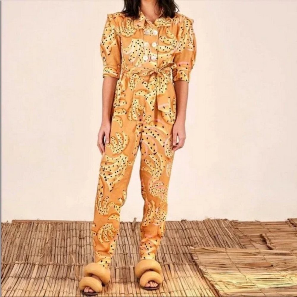 Farm Rio Carmel Raining Bananas Puff Sleeve Jumpsuit sizes S and M NWT